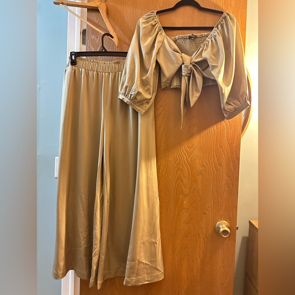 mittoshop Satin Wide-Leg Pants in Taupe NWOT